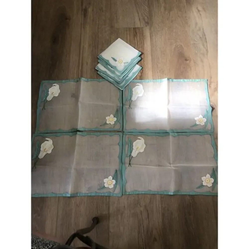 Vtg 1950s Art Deco Madiera Sheer Organdy Calla Lily Placemats & Napkins 8pc
